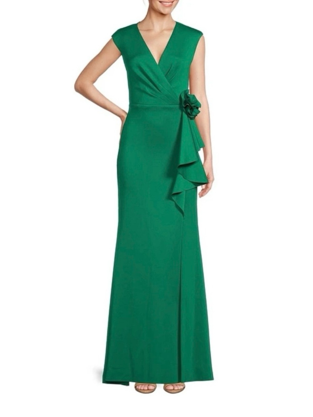 JESSICA HOWARD Green V-Neck Gown with Side Ruffle Detail and Cap Sleeves NWT